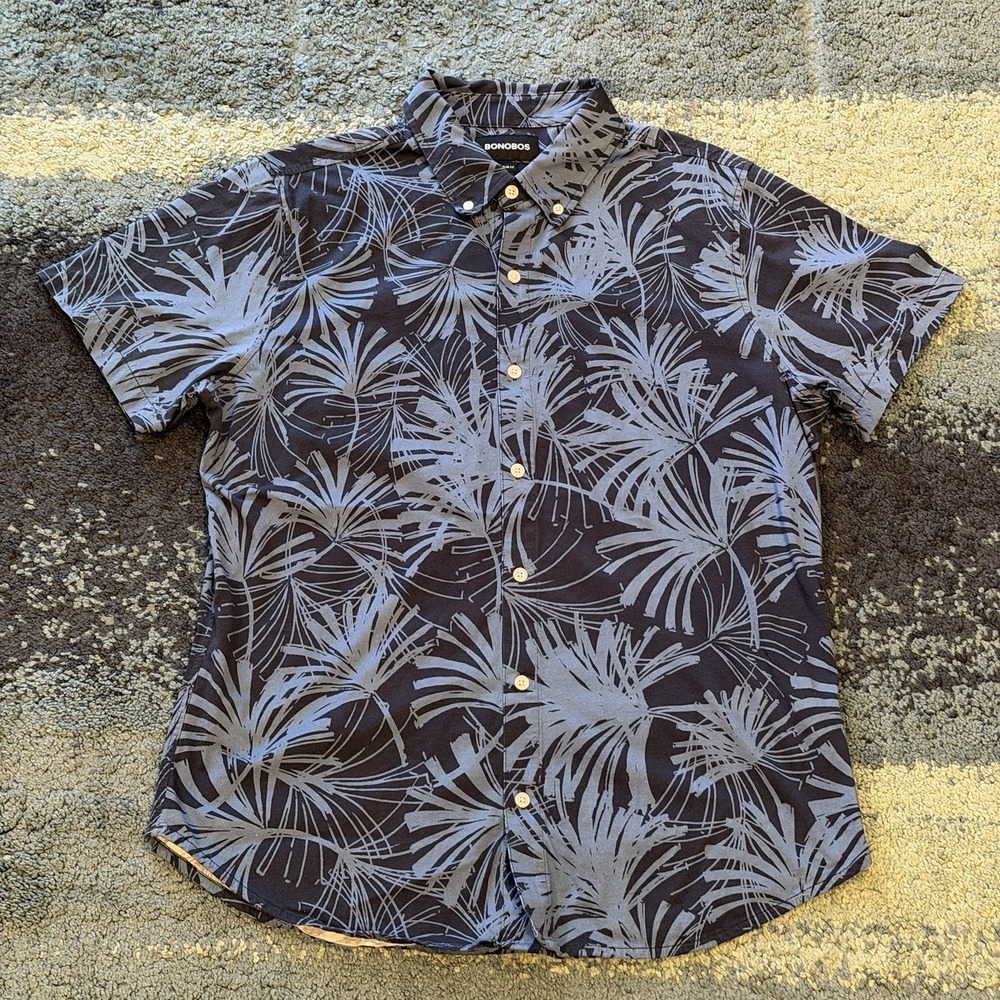 Bonobos Men's Large Leaf Floral Hawaiian Button Down Short Sleeve Shirt Blue